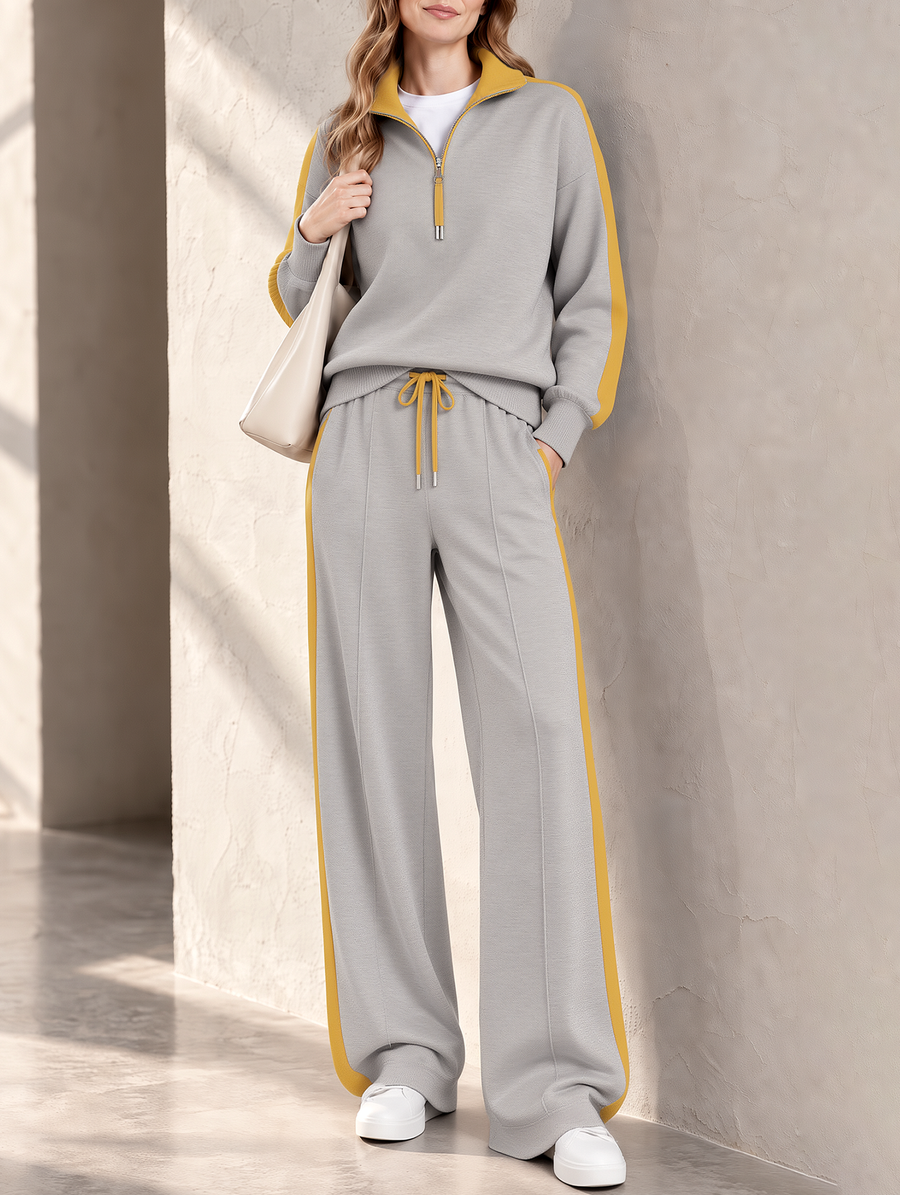 Grey Half-zip Sweatshirt And Wide-leg Sweatpants Set