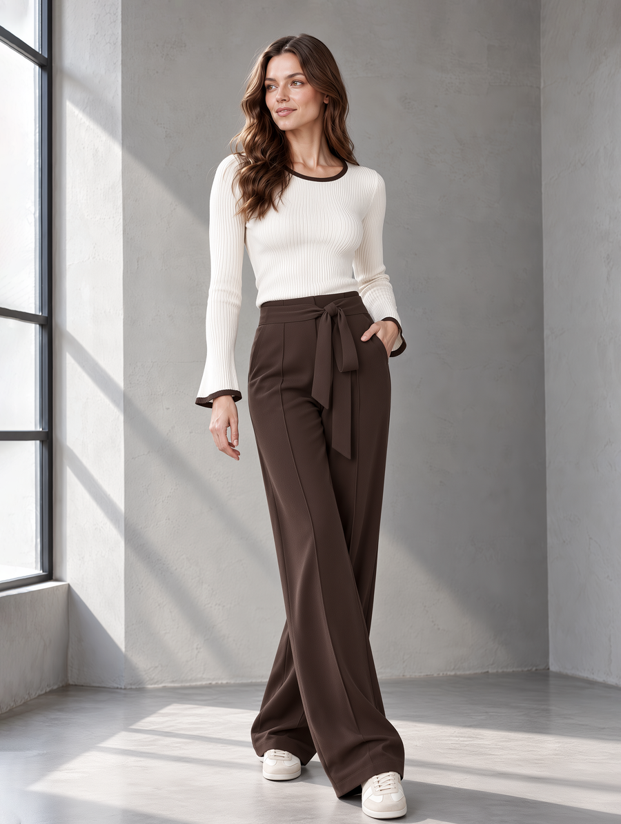 Fitted Flared-sleeve Base Layer And Tie-waist Wide-leg Trousers Set