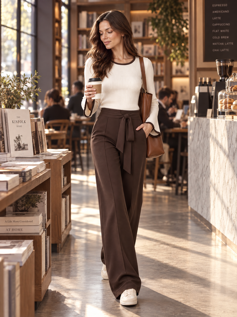 Fitted Flared-sleeve Base Layer And Tie-waist Wide-leg Trousers Set