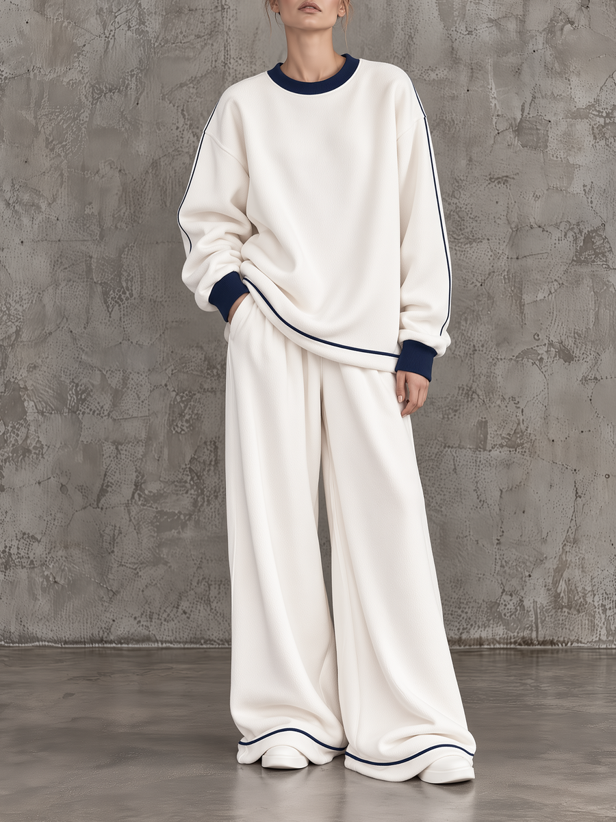 Off-White Piped Sweatshirt And Wide-Leg Pants Set