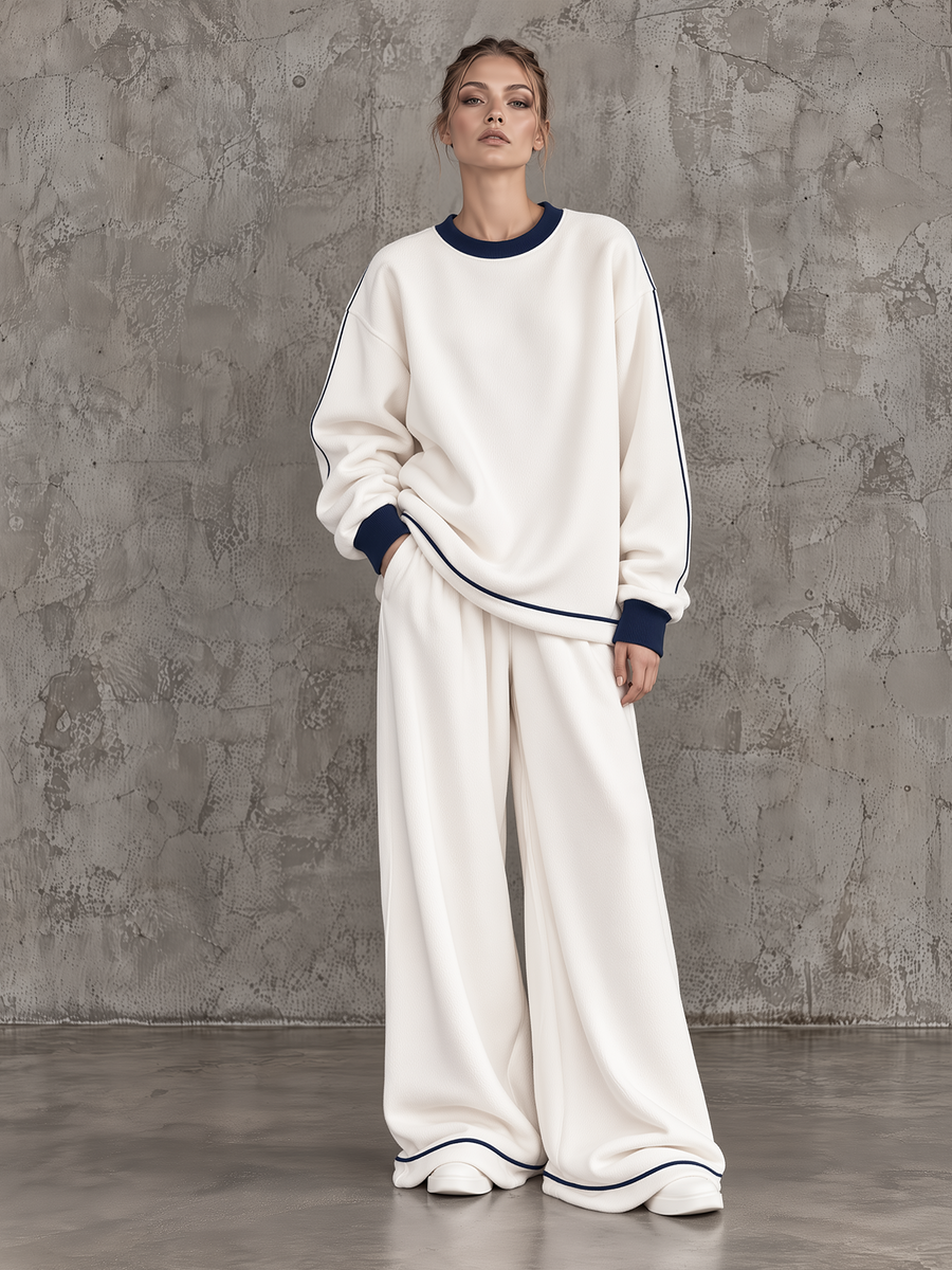 Off-White Piped Sweatshirt And Wide-Leg Pants Set