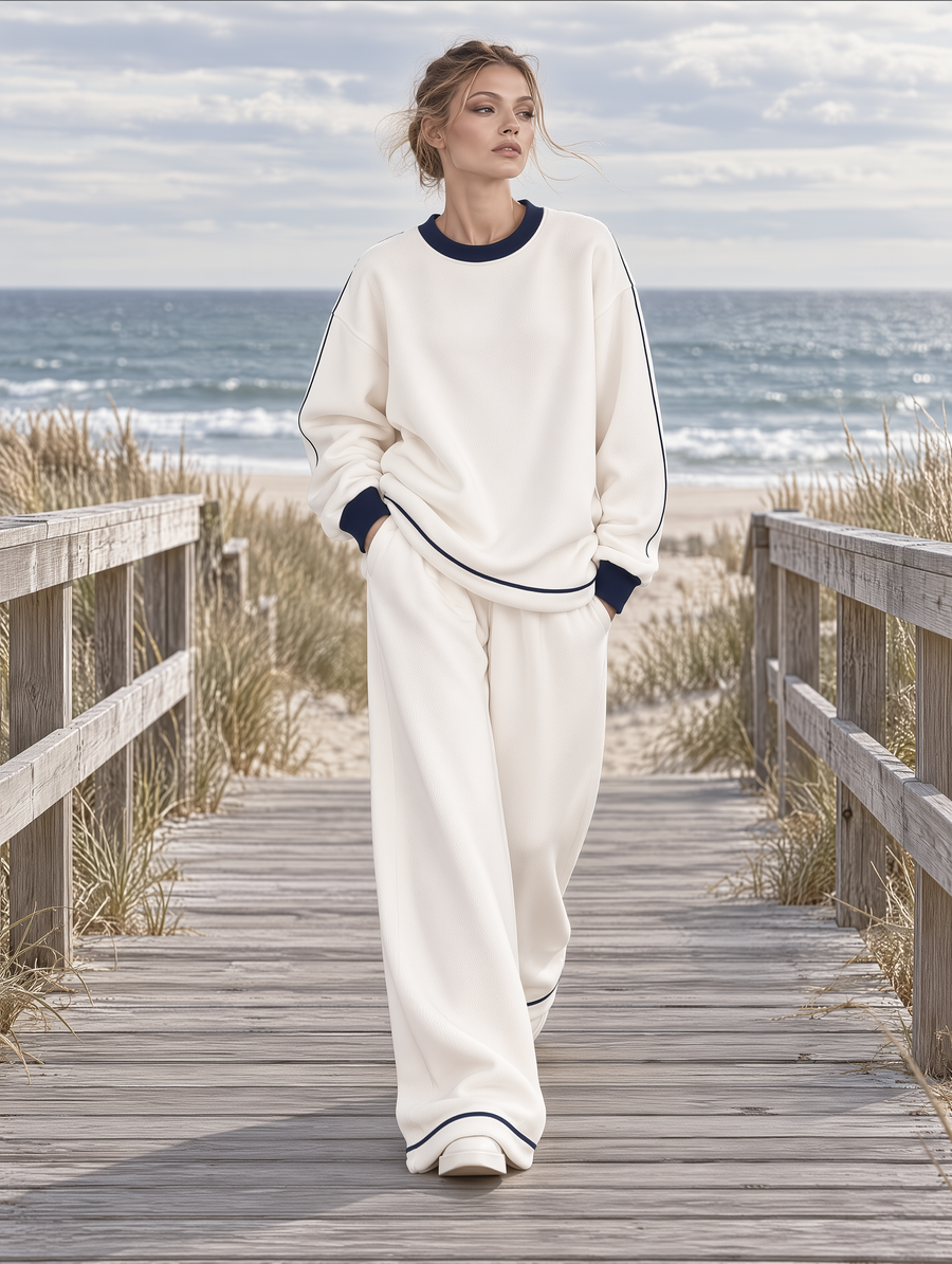 Off-White Piped Sweatshirt And Wide-Leg Pants Set
