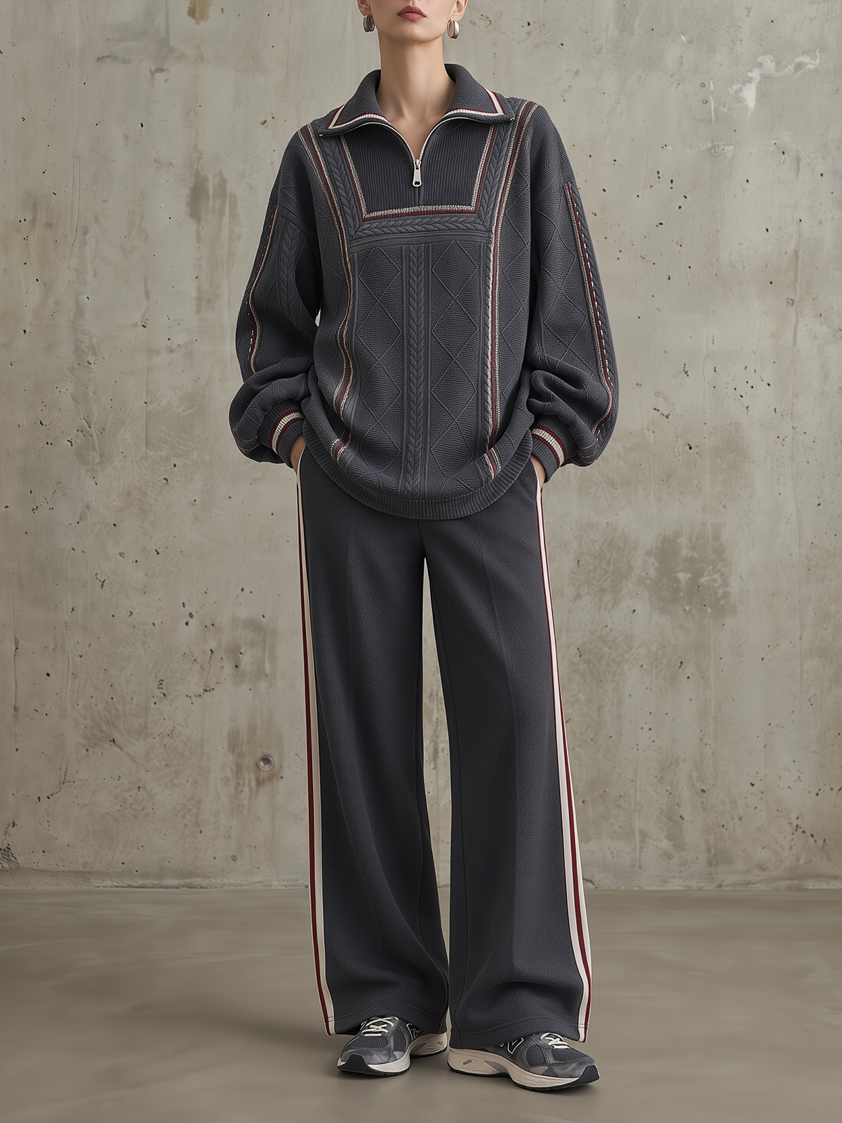 Charcoal Cable-Knit Half-Zip Sweater And Wide-Leg Pants Set