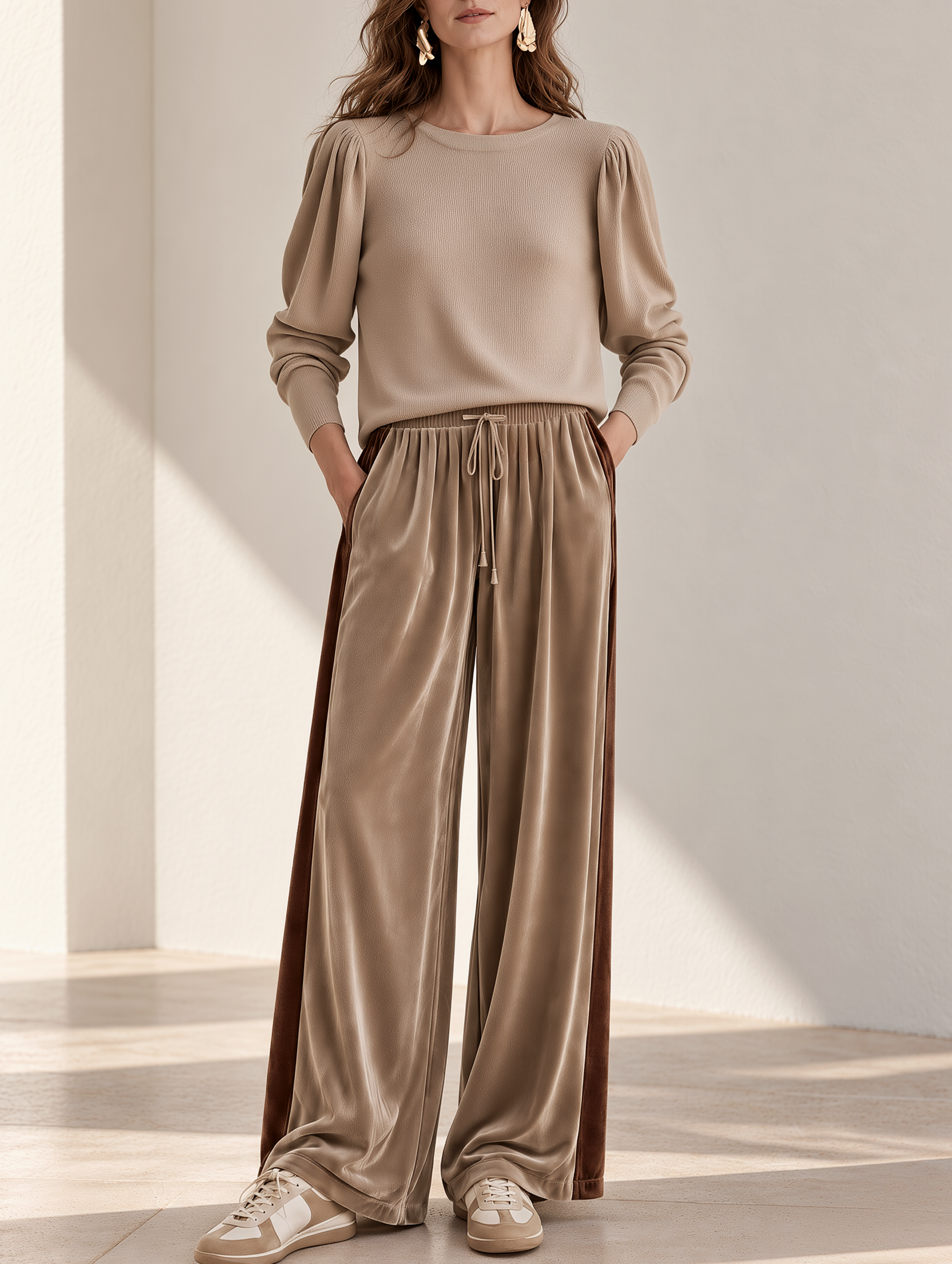 Khaki Puff-sleeve Knit Top And Color-block Velvet Trousers Set