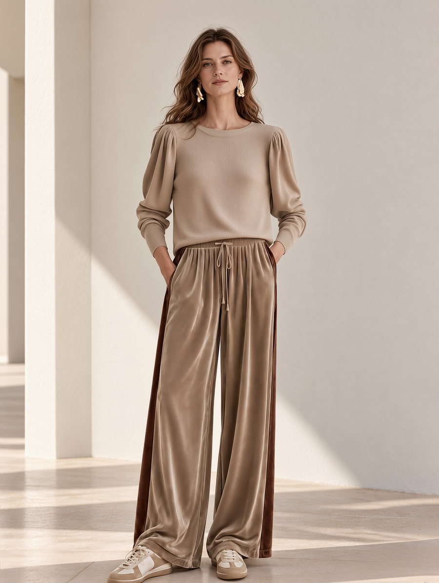 Khaki Puff-sleeve Knit Top And Color-block Velvet Trousers Set