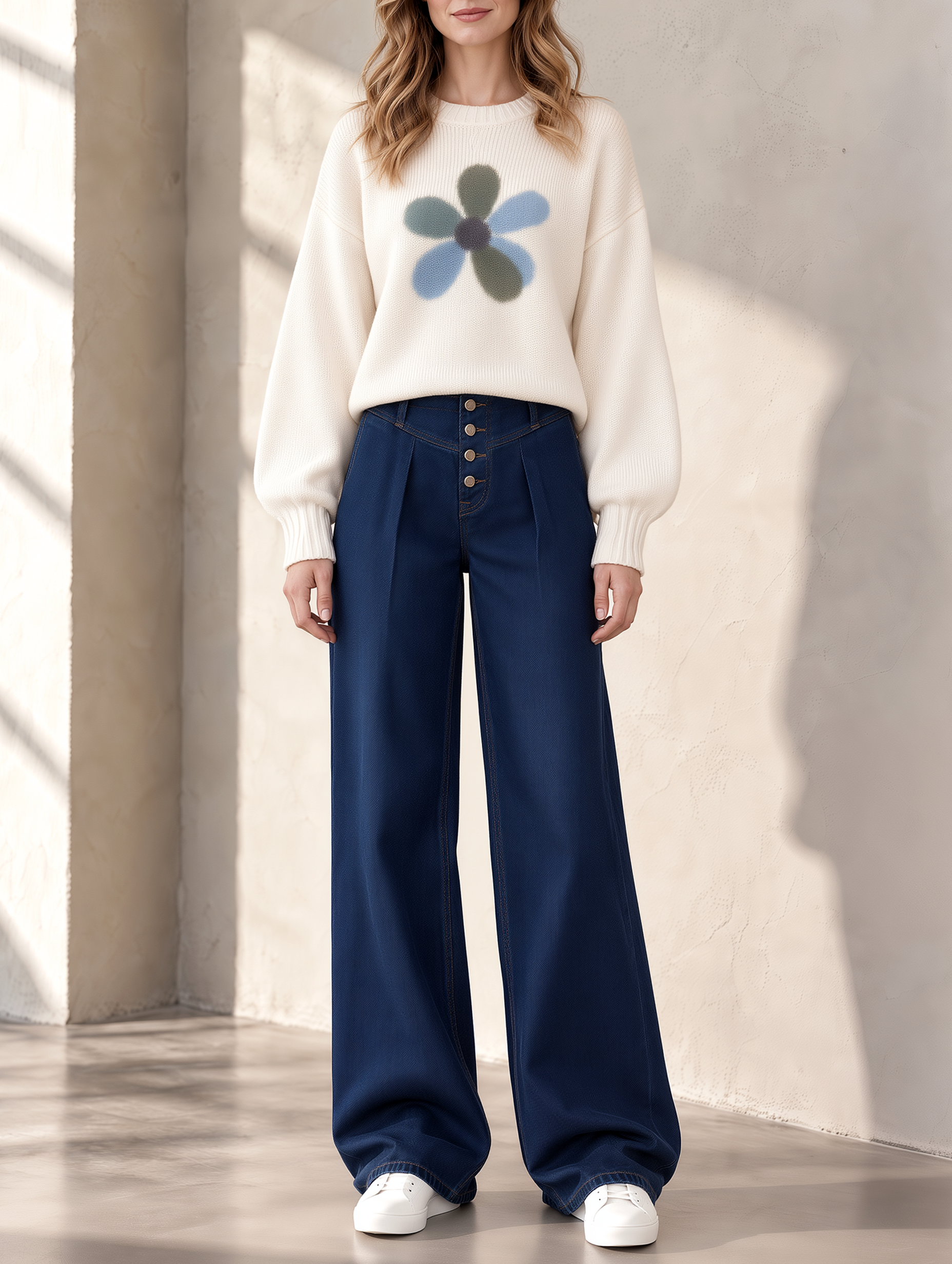 Off-white Floral Sweater And High-waisted Wide-leg Jeans Set