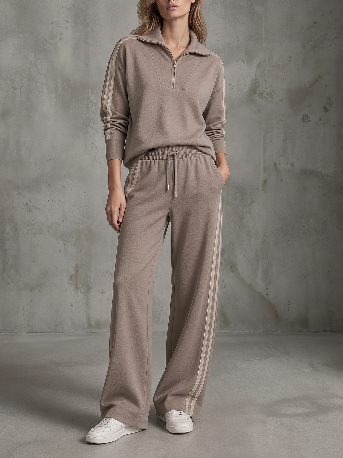 Taupe Half-Zip Pullover And Wide-Leg Pants Set
