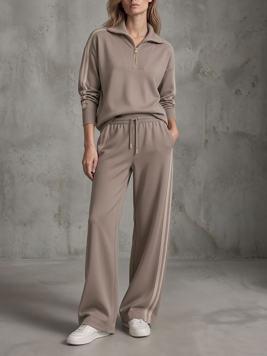 Taupe Half-Zip Pullover And Wide-Leg Pants Set