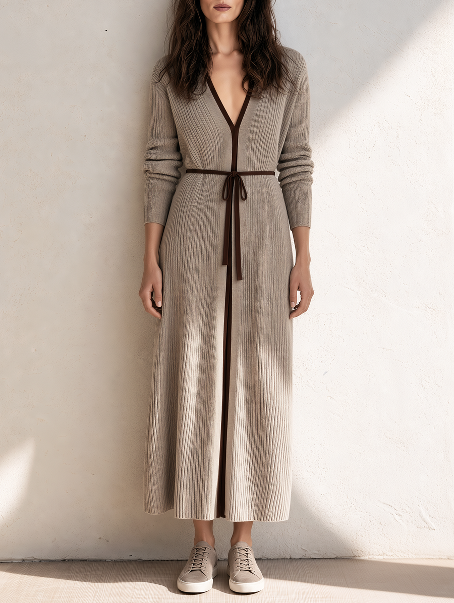 Khaki Long-line Knitted Sweater Dress With Tie-waist Detail