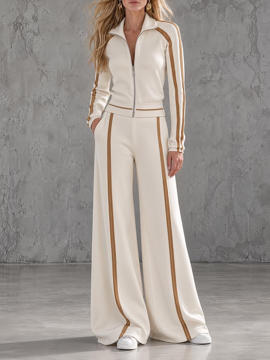 Cream Zip-Up Track Jacket And Wide-Leg Pants Set