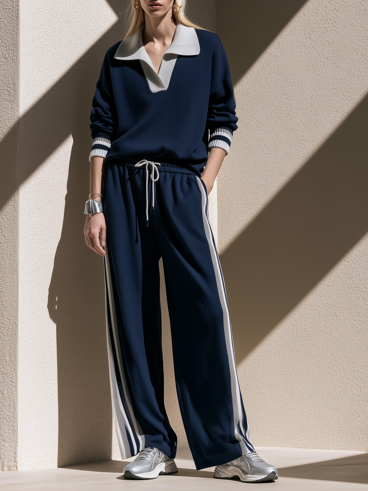 Navy Polo-Collar Pullover and Wide-Leg Pants Set
