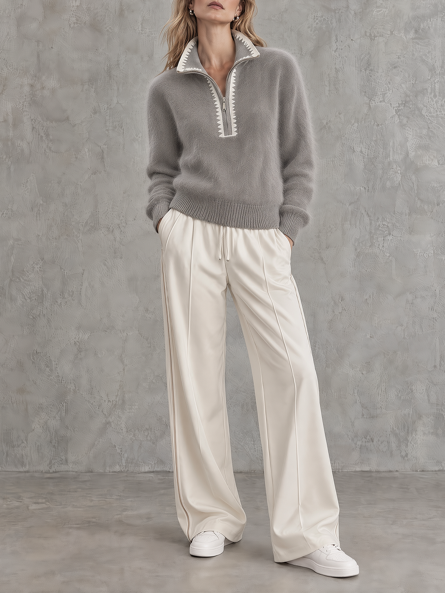 Grey Fleece Half-Zip Sweater And Ivory Wide-Leg Pants Set