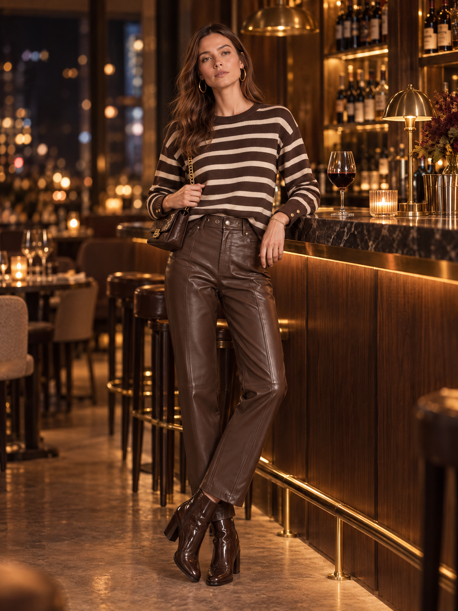 Brown Striped Knit Sweater And Faux-leather Stretch Trousers Set