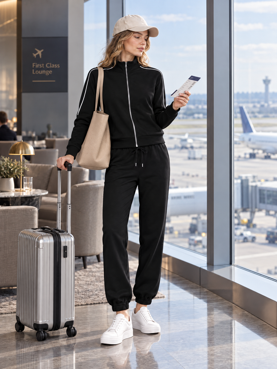 Black Zip-up Jacket And Drawstring Cuffed Sweatpants Set