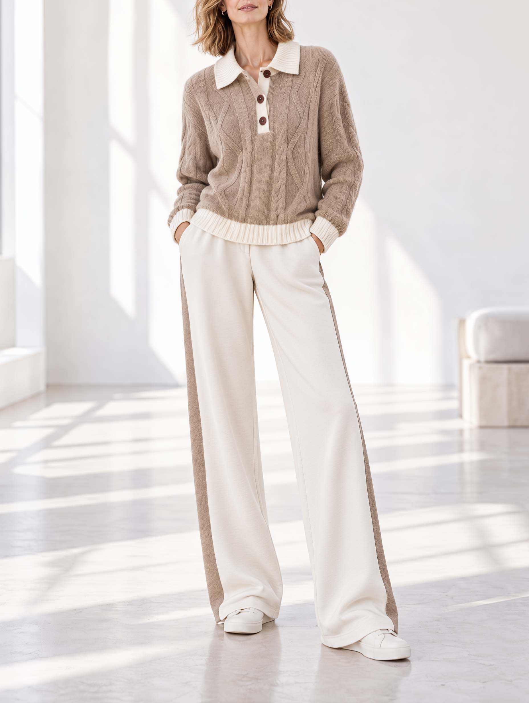 Stylish Casual Khaki And White Color-Block Long-Sleeve Sweater And Wide-Leg Pants Set
