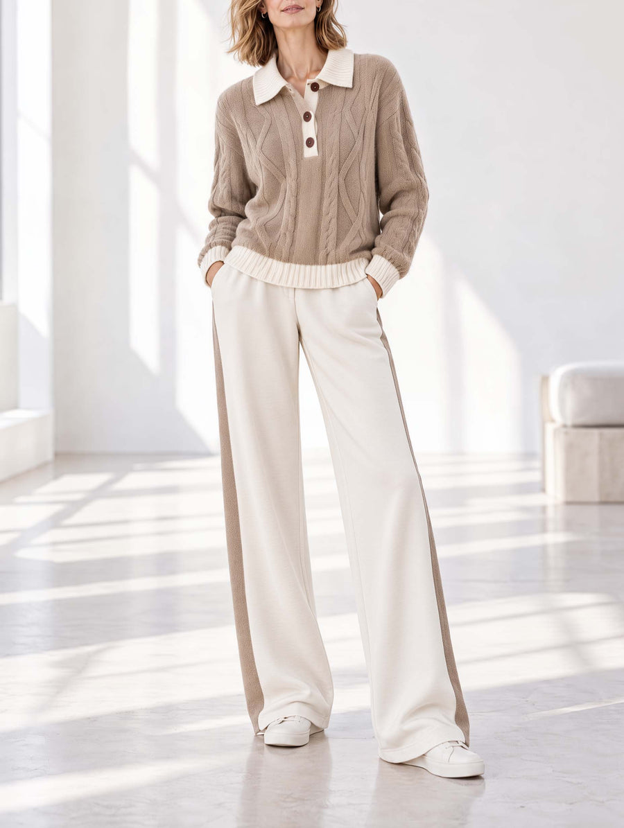 Stylish Casual Khaki And White Color-Block Long-Sleeve Sweater And Wide-Leg Pants Set