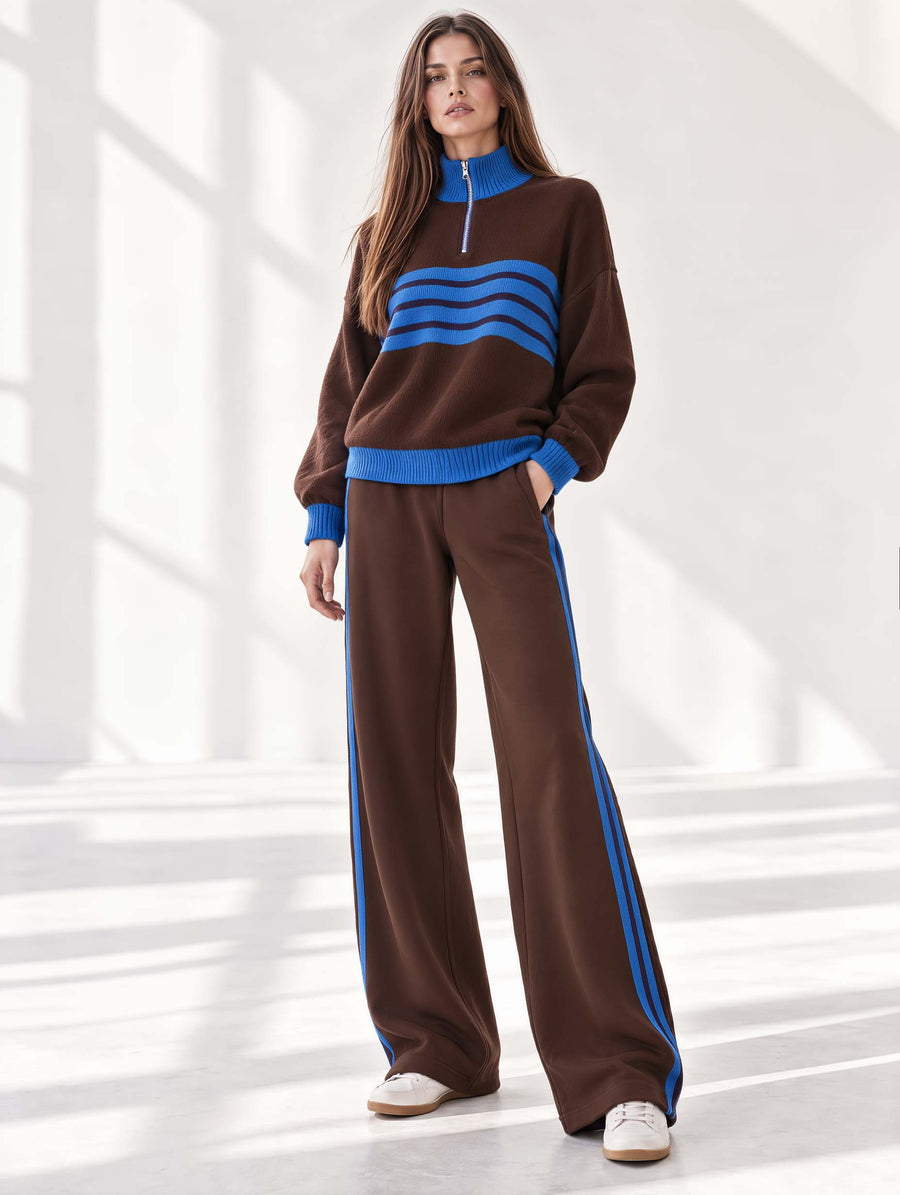 Brown And Blue Color-block Long-sleeve Half-zip Sweater And Trousers Set