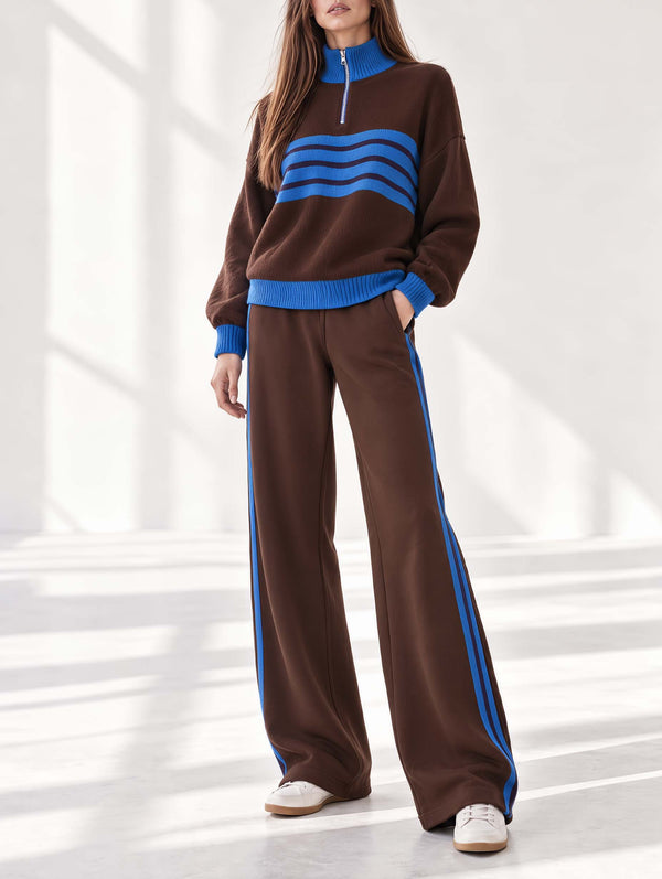 Brown And Blue Color-block Long-sleeve Half-zip Sweater And Trousers Set