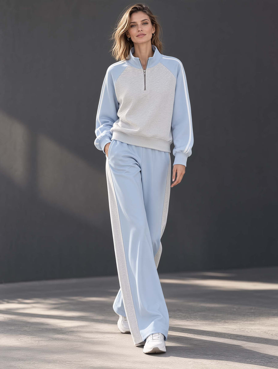 Grey And Blue Color-block Long-sleeve Top And Pants Set In A Casual Sporty Style