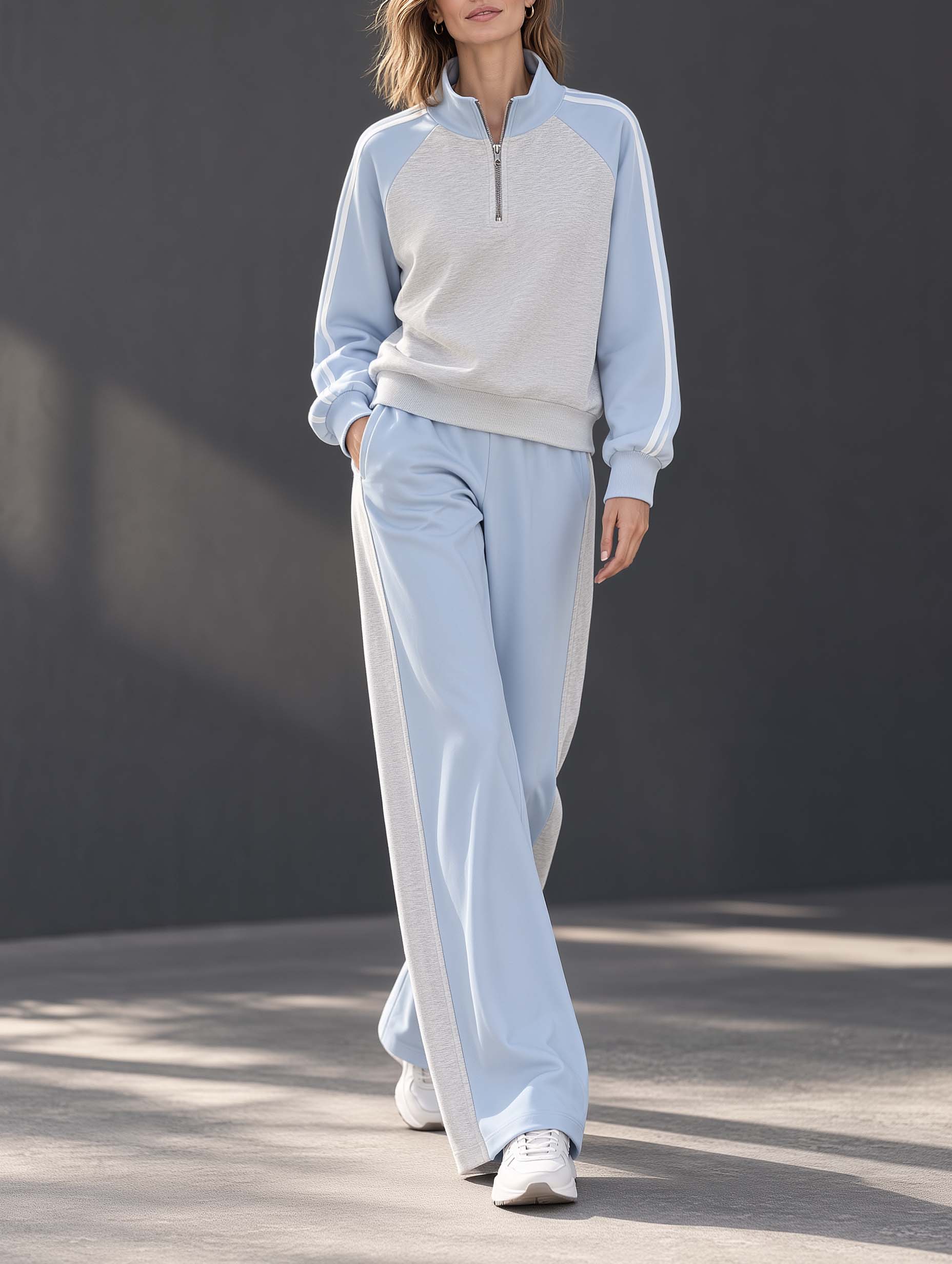 Grey And Blue Color-block Long-sleeve Top And Pants Set In A Casual Sporty Style