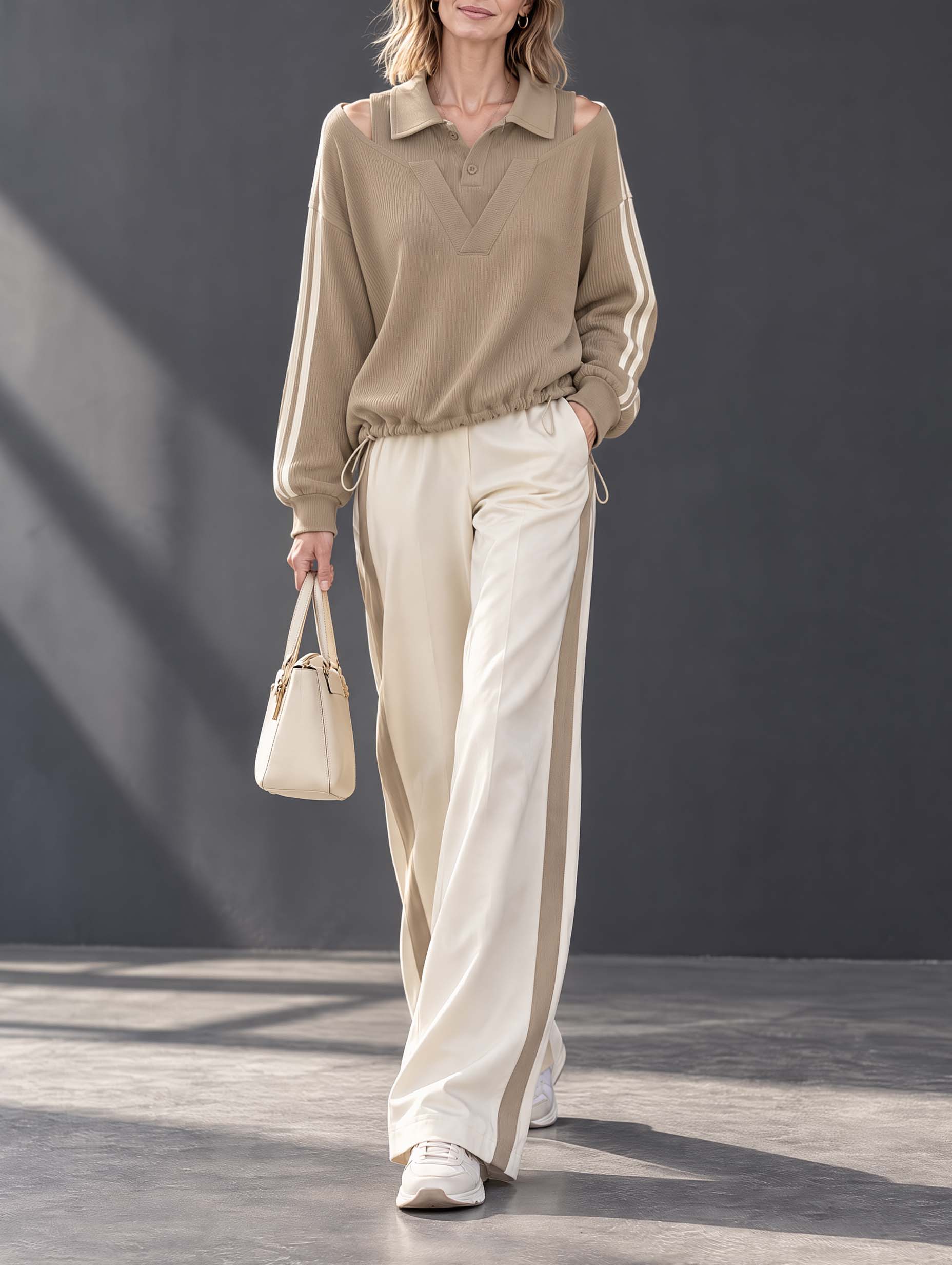 Khaki Two-piece Style Spliced off-shoulder Collared Long-sleeve Top And Trousers Set