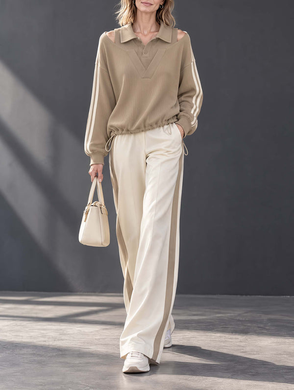 Khaki Two-piece Style Spliced off-shoulder Collared Long-sleeve Top And Trousers Set
