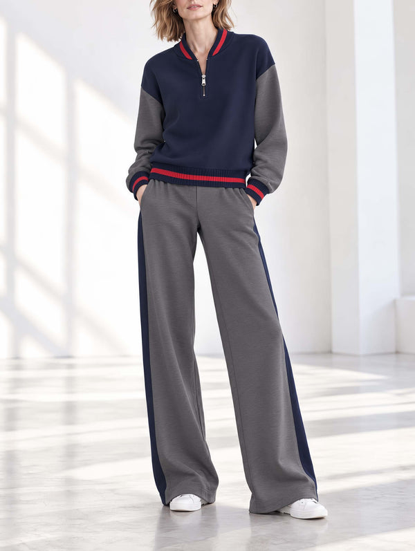 Navy And Contrasting-color Long-sleeve Top With Half-zip Collar And Dark Gray Long-style Matching Bottoms