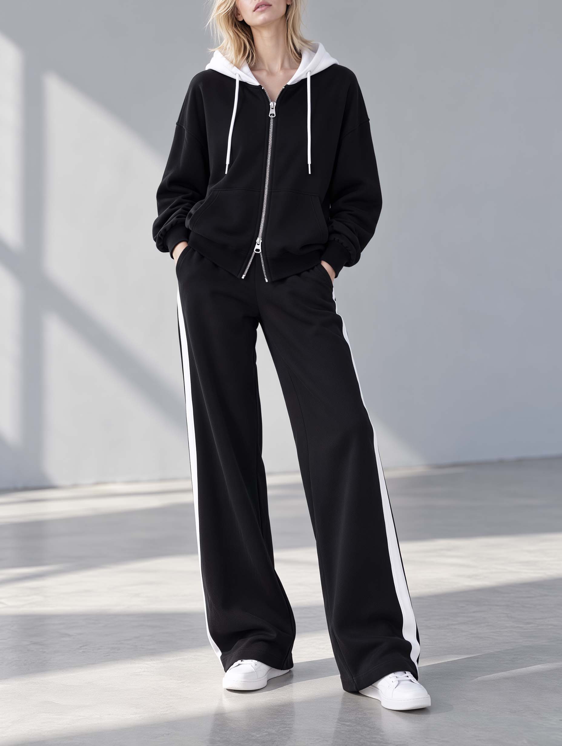 Classic Black-and-White Color-Block Hooded Long-Sleeve Jacket And Pants Set