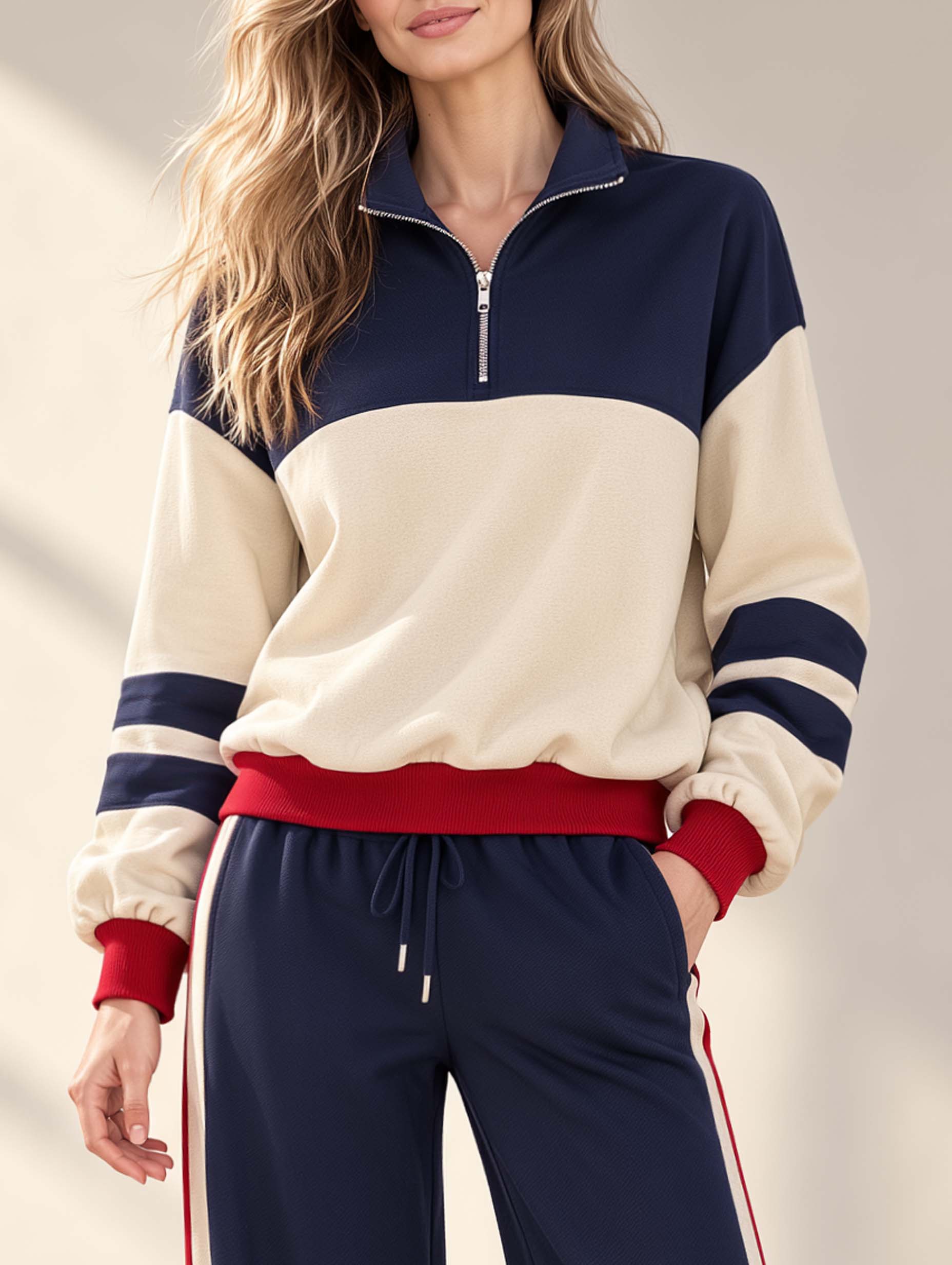 Athleisure-style Long-sleeve Top With A Half-zip Collar And Off-white/navy Color-block Design