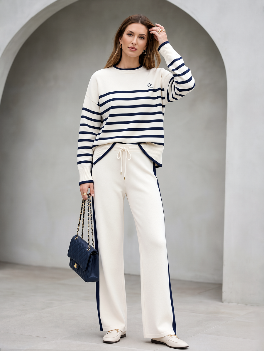 Navy Striped Knit Sweater And Wide-leg Trousers Set