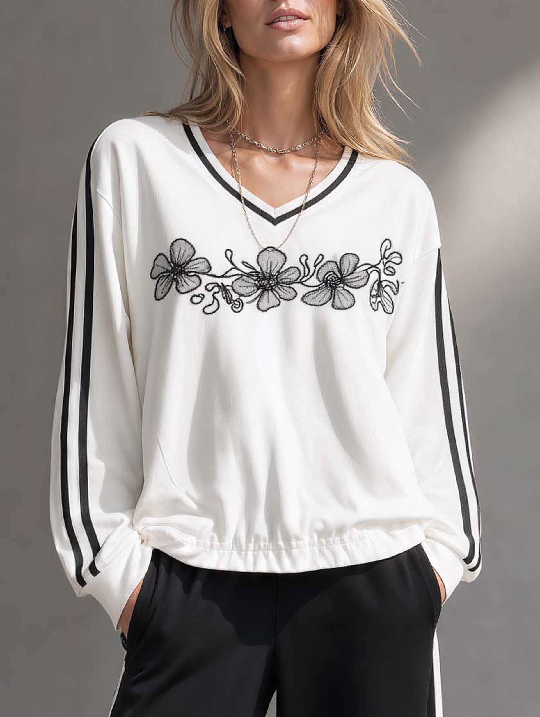 Stylish And Casual White Long-sleeved V-neck Top With Embroidery