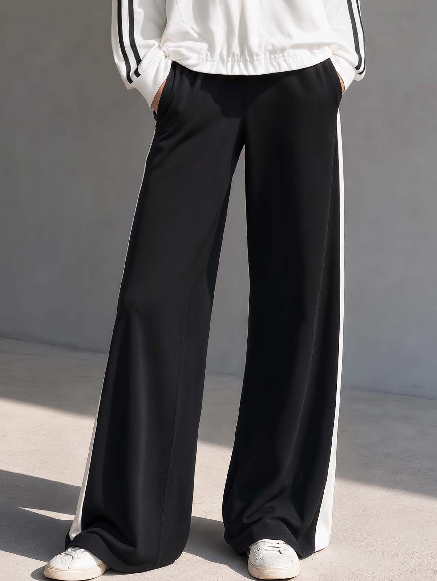 Athleisure-style Wide-leg Trousers With A Stylish Black-and-white Color-block Design