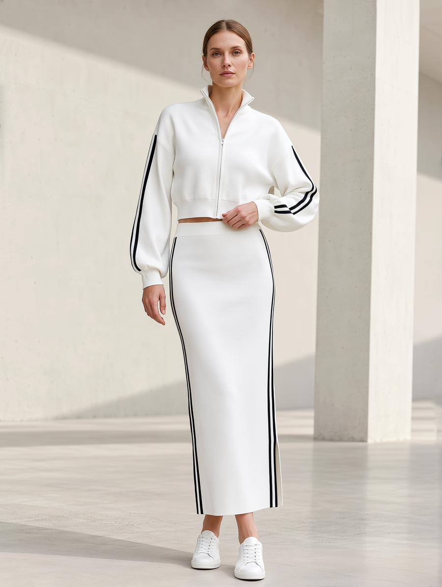 White Zip-up Jacket And High-waisted Slit-detail Maxi Skirt Set