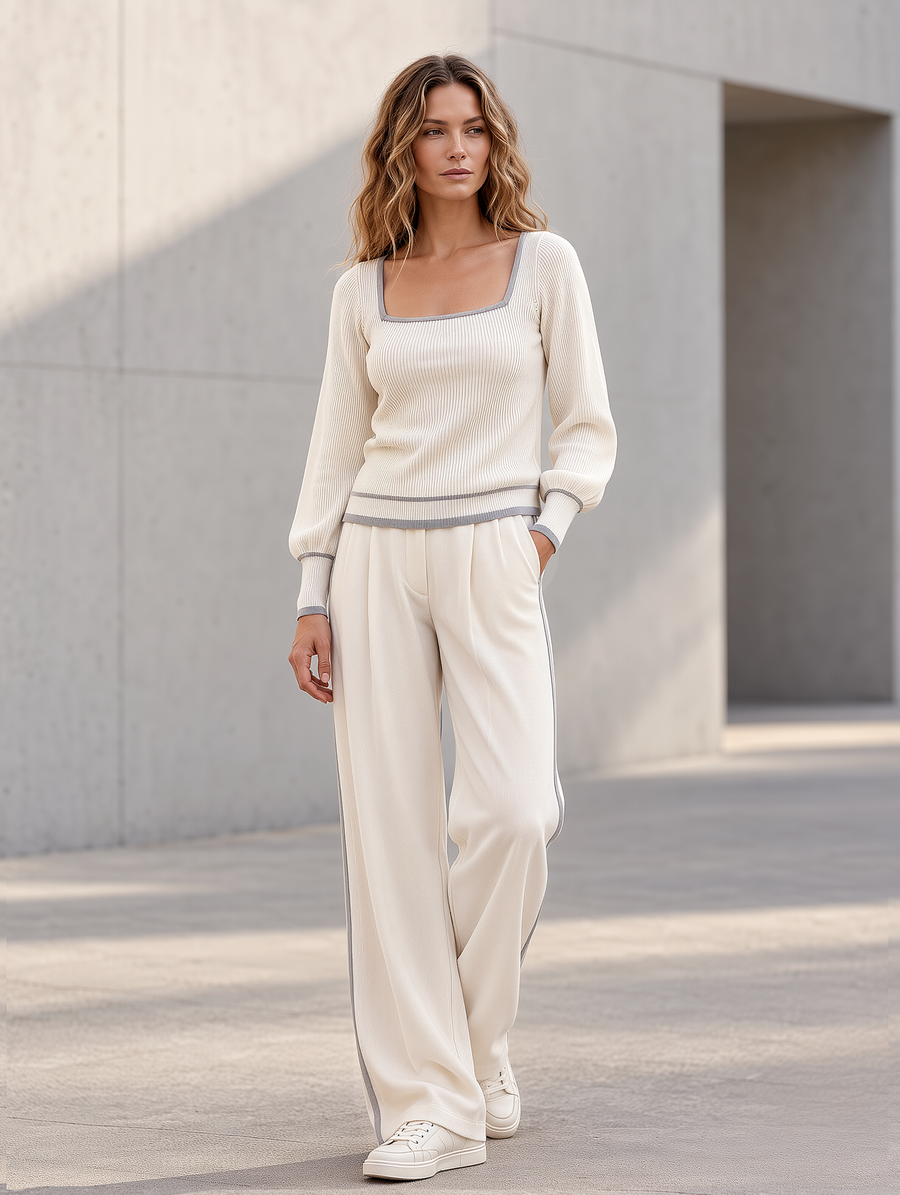 Off-white Square-neck Knit Sweater And Wide-leg Trousers Set
