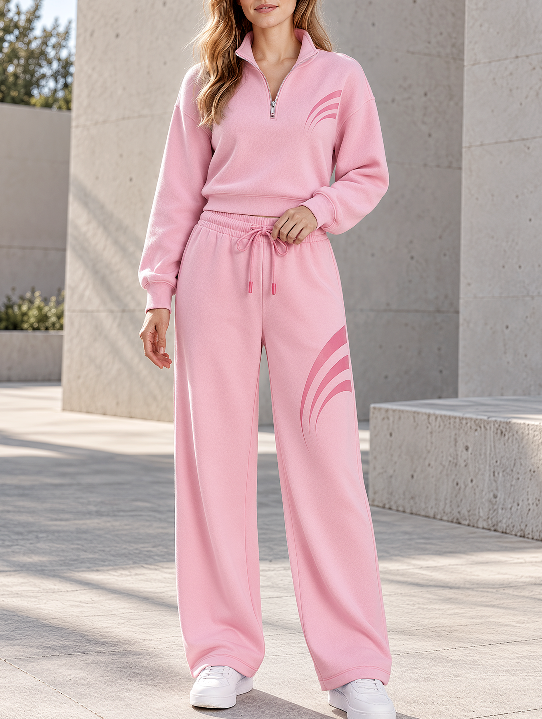 Pink Printed Cropped Sweatshirt And Wide-Leg Trousers Set
