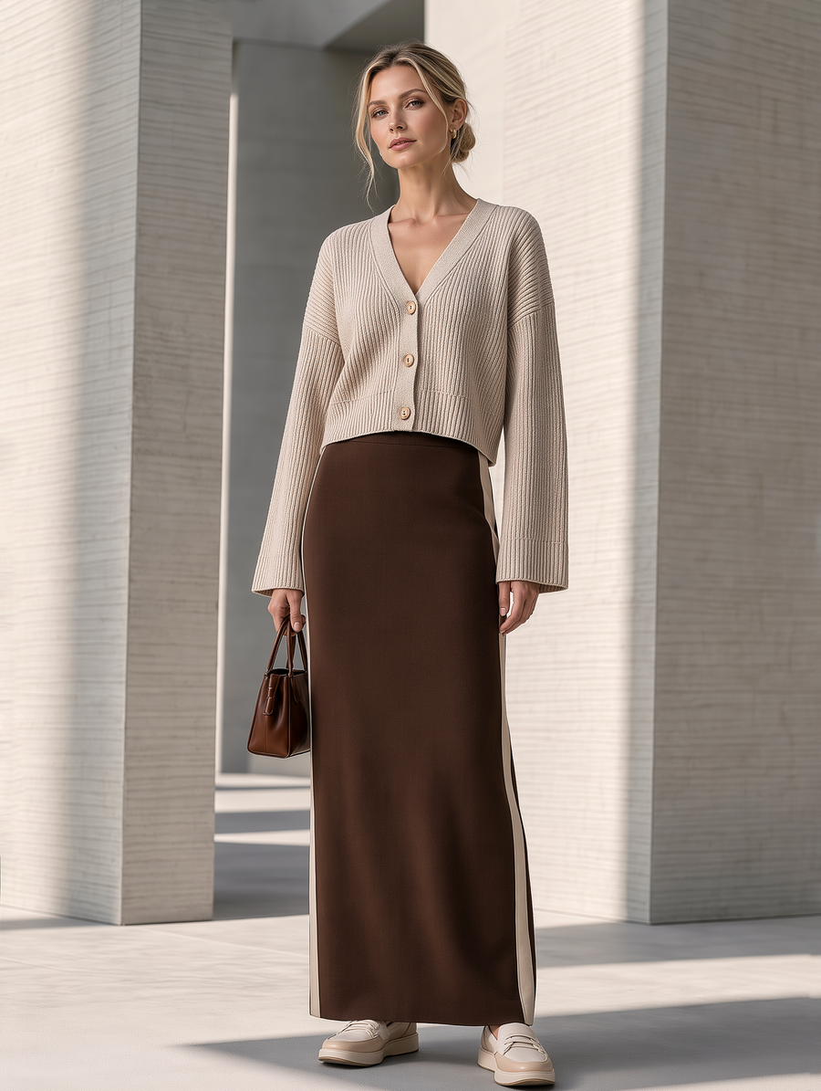 Khaki V-neck Cardigan And Brown Long Slit Skirt Set