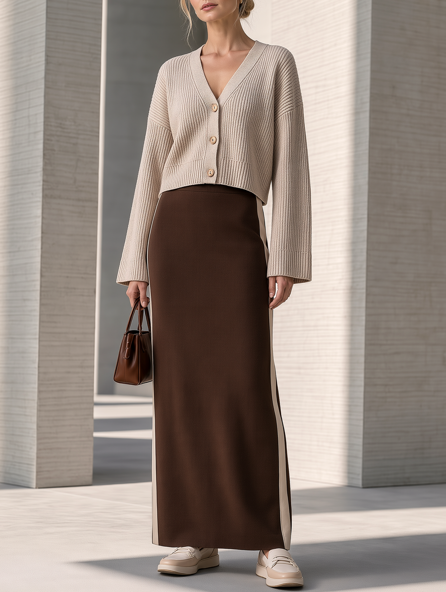 Khaki V-neck Cardigan And Brown Long Slit Skirt Set