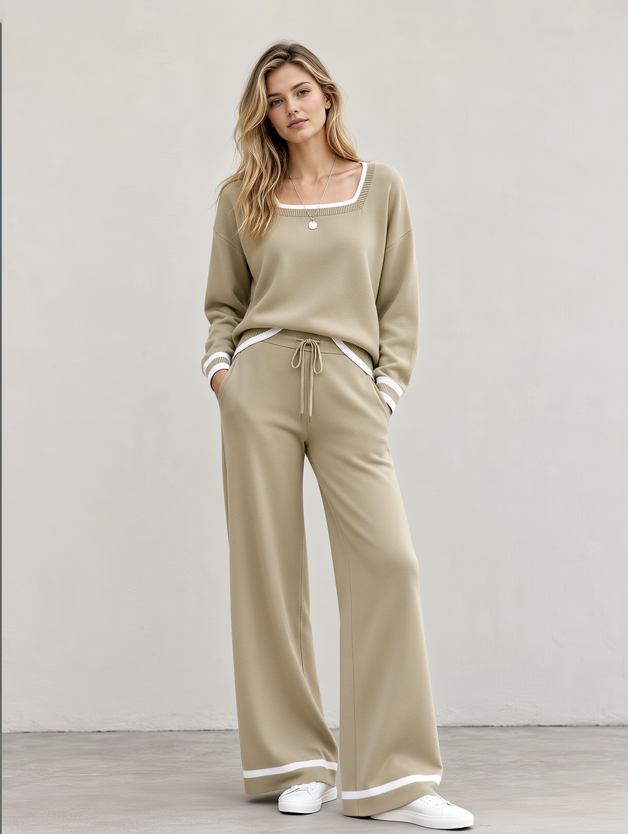 Light Olive Green Loose Sweatshirt And Drawstring Wide-Leg Pants Set