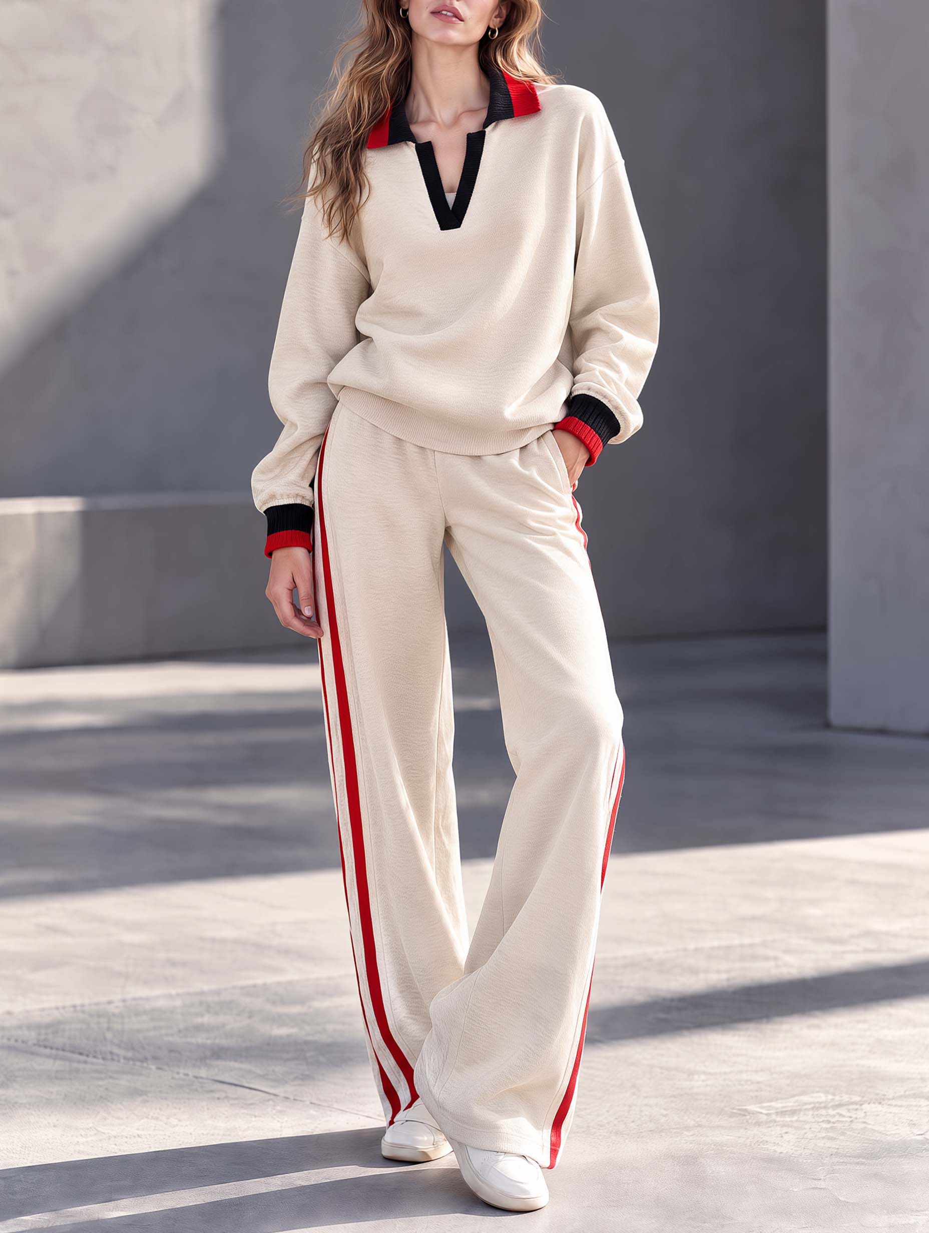 Oatmeal-colored Color-block Long-sleeve V-neck Top And Wide-leg Trousers Set