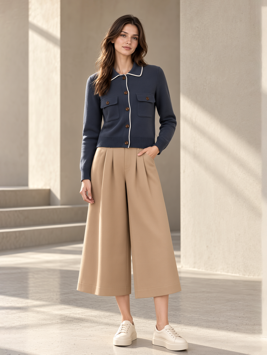 Dark Blue Cardigan And Khaki Wide-leg Cropped Trousers Set