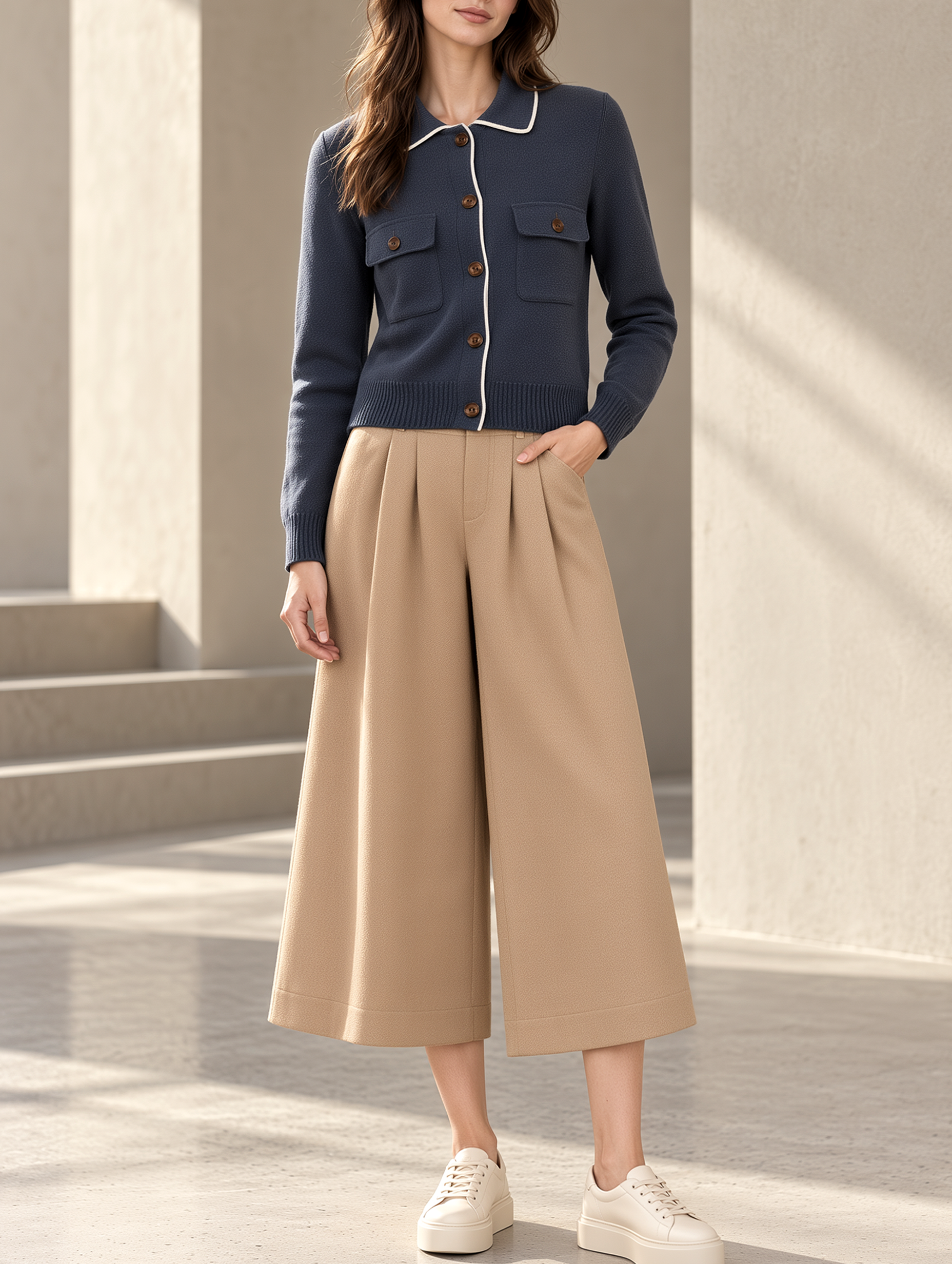 Dark Blue Cardigan And Khaki Wide-leg Cropped Trousers Set