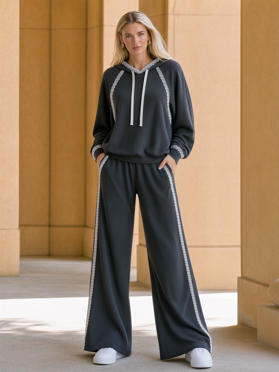 Dark Grey Lace-trimmed Hoodie And Wide-leg Trousers Set