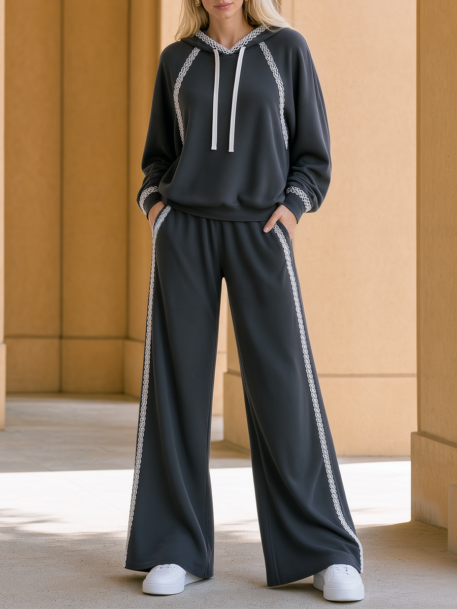 Dark Grey Lace-trimmed Hoodie And Wide-leg Trousers Set
