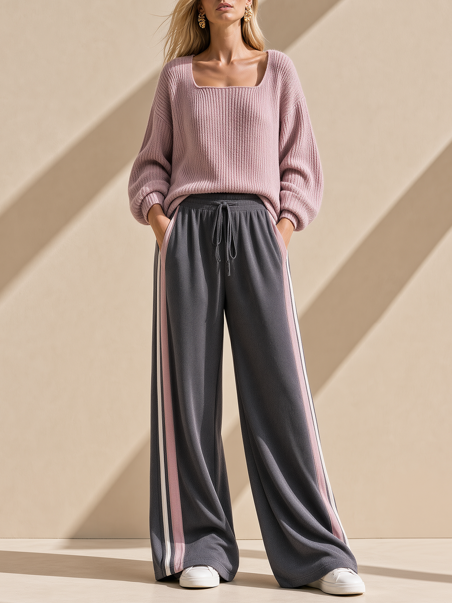 Taro-purple Square-neck Knit Top And Grey Wide-leg Trousers With Side Stripes Set