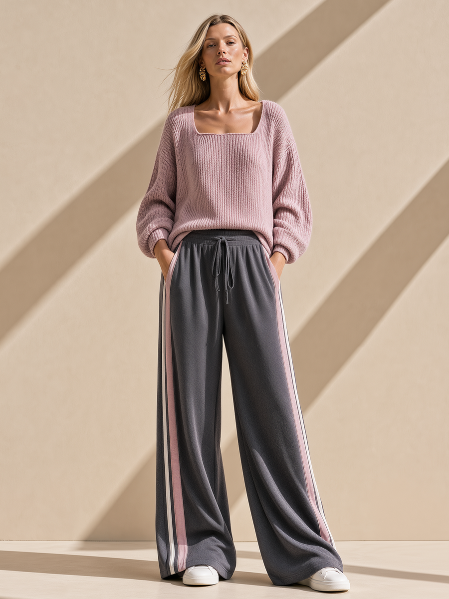 Taro-purple Square-neck Knit Top And Grey Wide-leg Trousers With Side Stripes Set