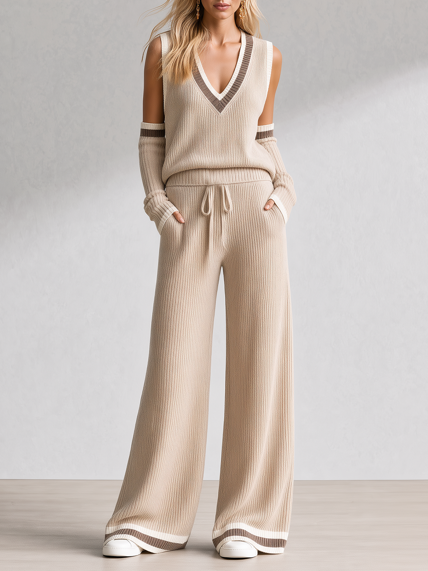 Oatmeal-colored Color-block V-neck Knit Vest Set Featuring Detachable Sleeves And Wide-leg Knit Trousers