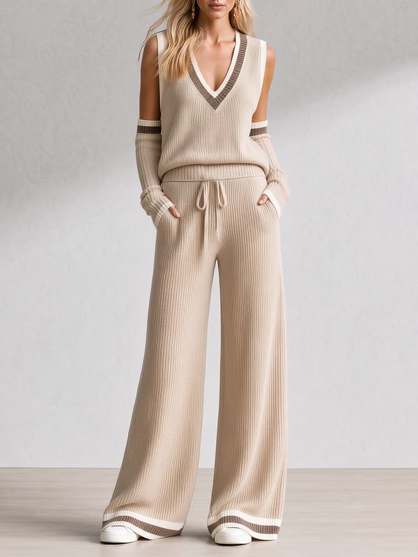 Oatmeal-colored Color-block V-neck Knit Vest Set Featuring Detachable Sleeves And Wide-leg Knit Trousers