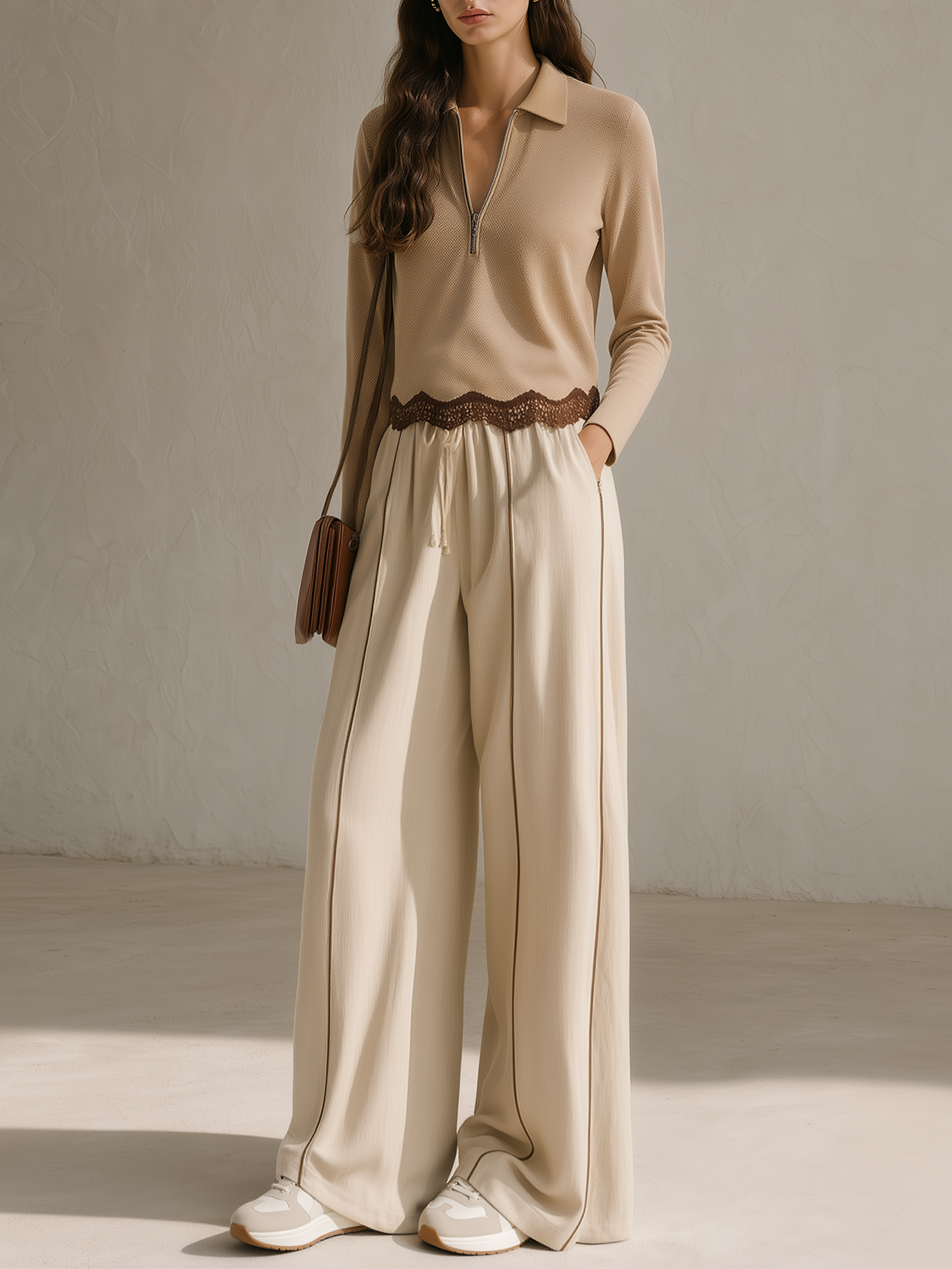 Camel Half-zip Polo Shirt And Off-white Pinstriped Wide-leg Trousers Set