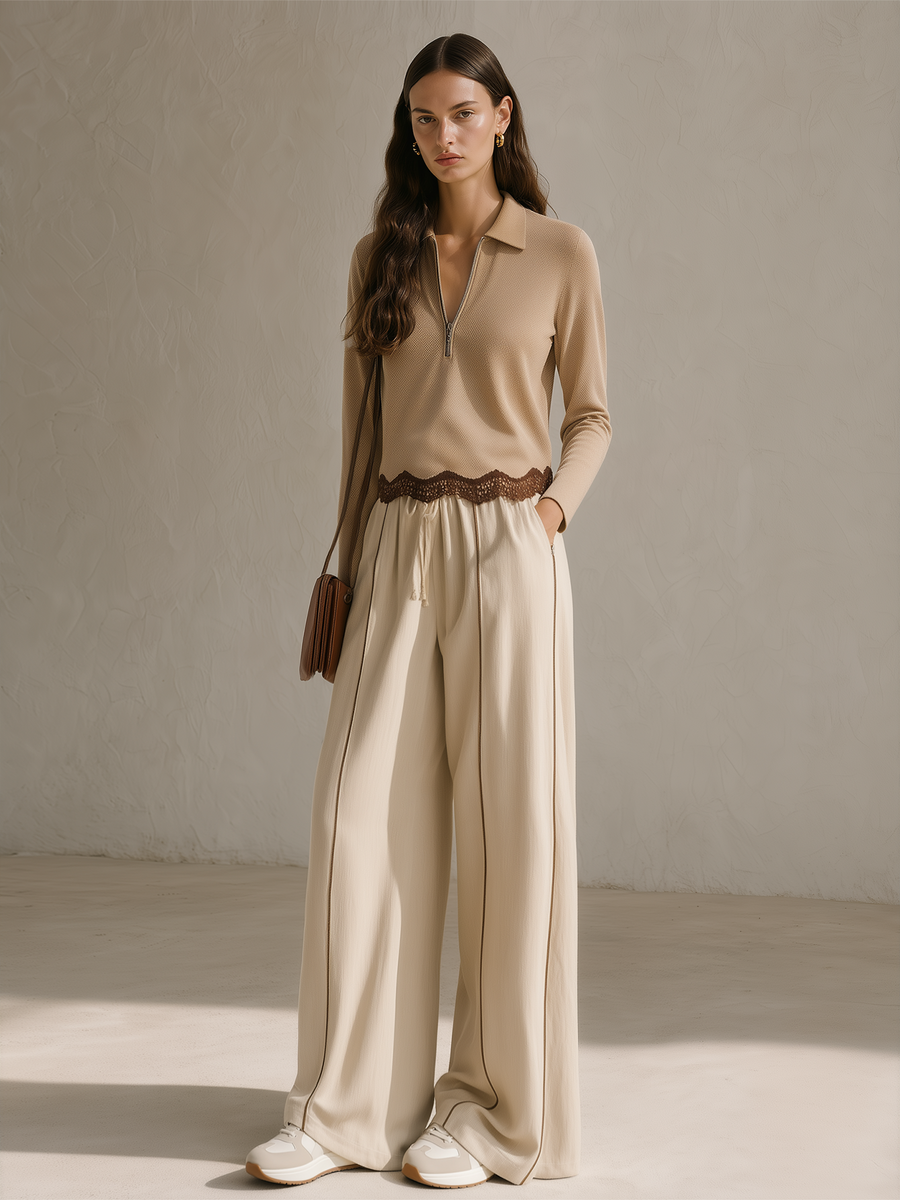 Camel Half-zip Polo Shirt And Off-white Pinstriped Wide-leg Trousers Set