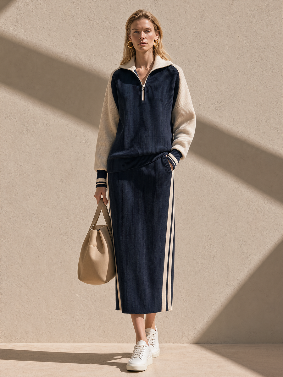 Navy Color-block Half-zip Knit Top And Side-stripe Knit Midi Skirt Set